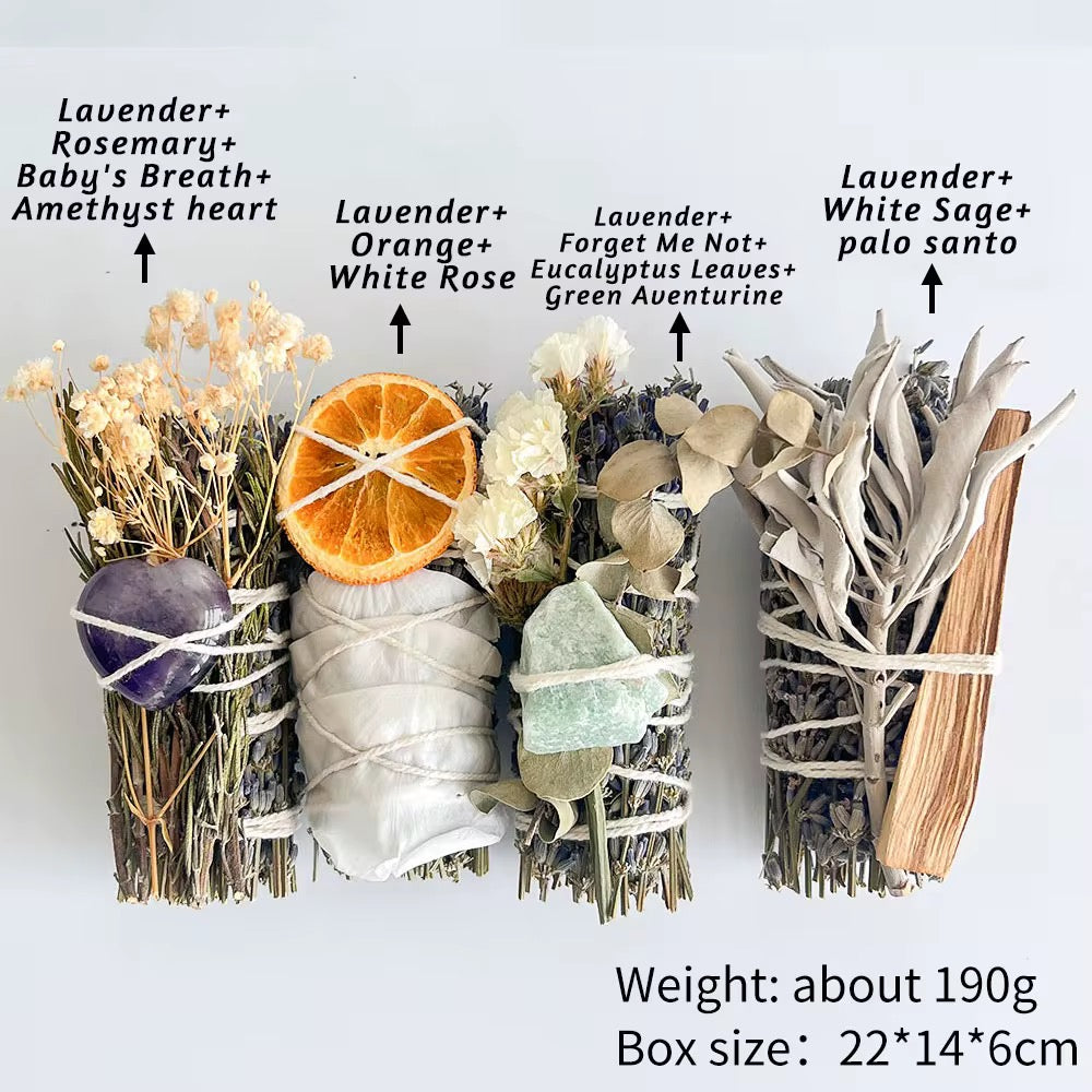 Lavendel Räucher-Set mit Weißem Salbei, Palo Santo & Kristallen