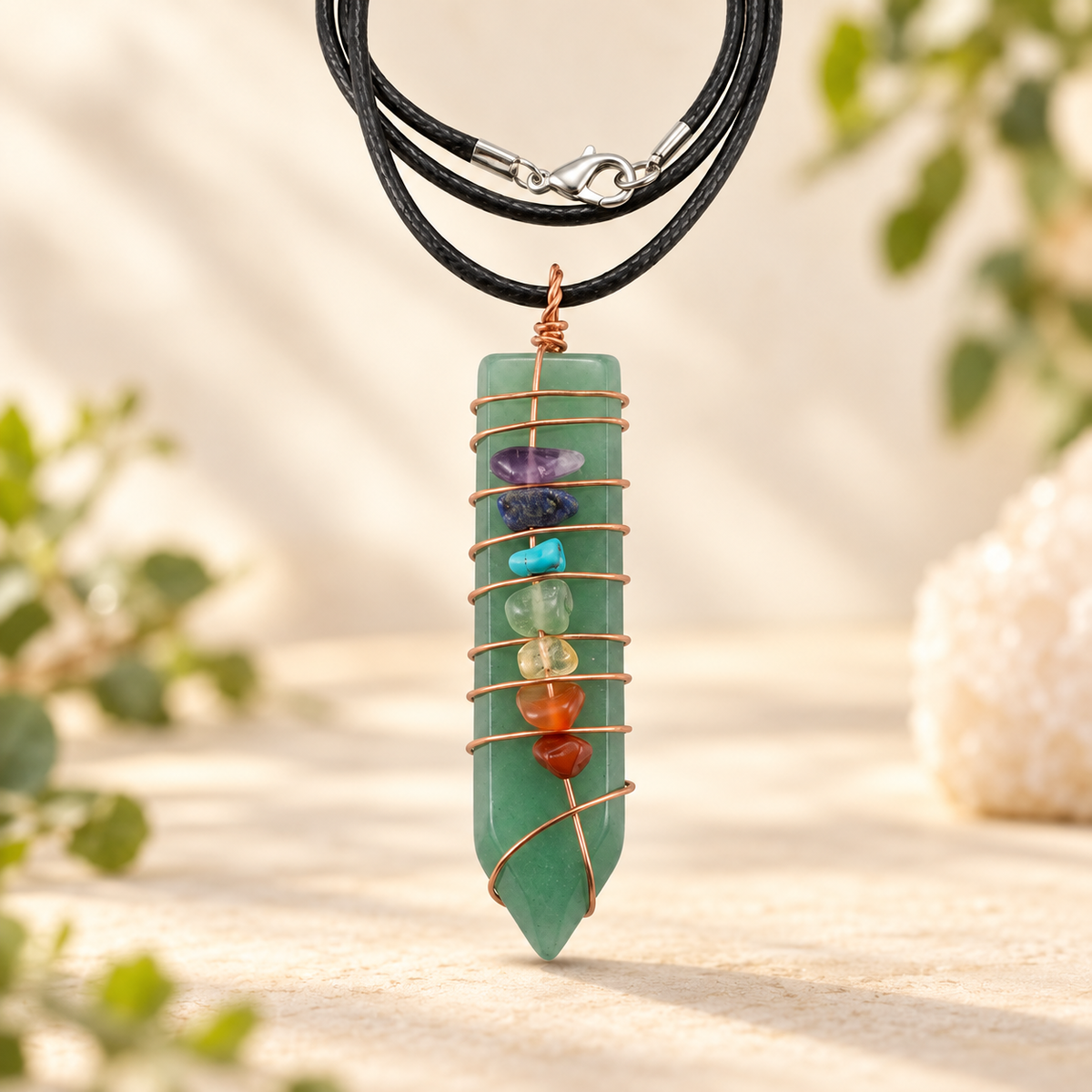 CHAKRA Aventurin-Halskette mit sieben Chakra-Steinen und Kupferwicklung