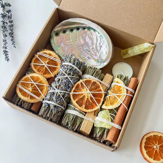 7-teiliges Räucher-Set mit Rosmarin, Palo Santo, Citrin & Abalone-Schale