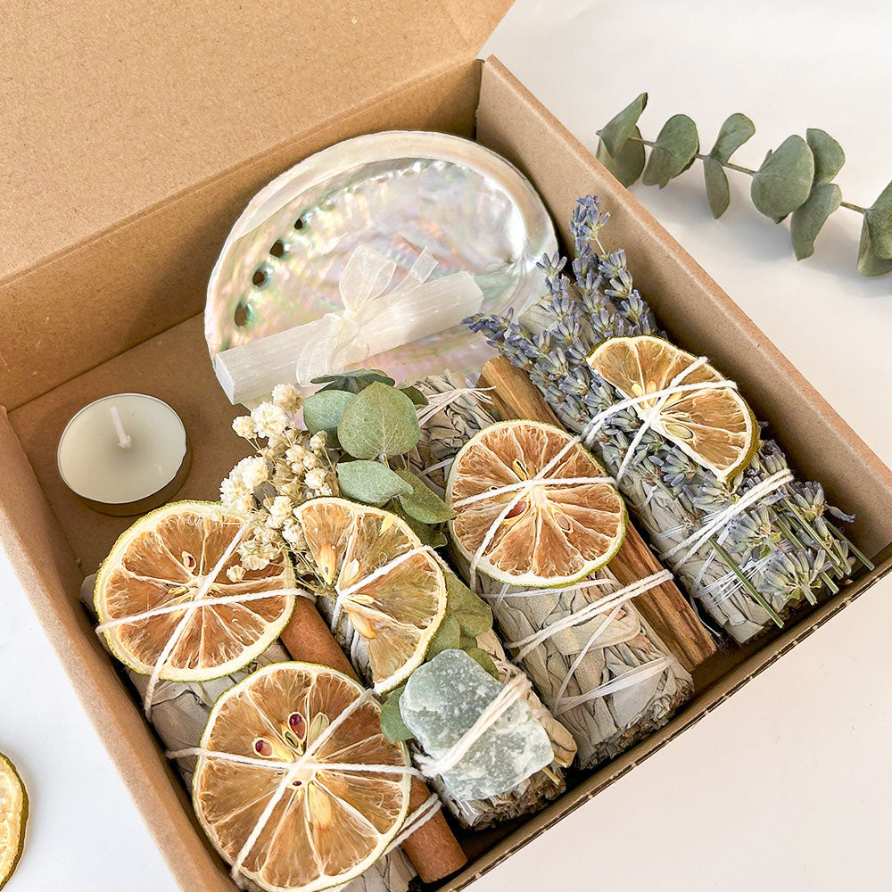  7-teiliges Räucher-Set - Weißer Salbei, Palo Santo & Selenit | Juwelanda