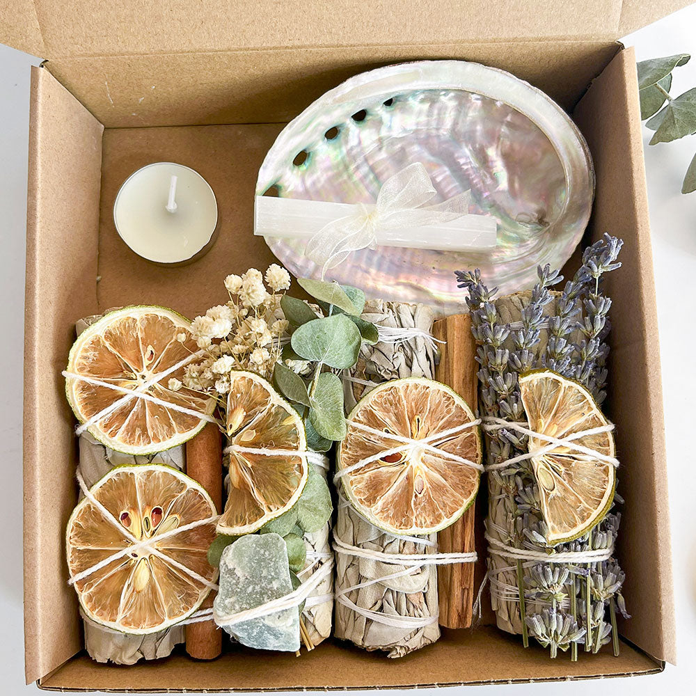  7-teiliges Räucher-Set - Weißer Salbei, Palo Santo & Selenit | Juwelanda