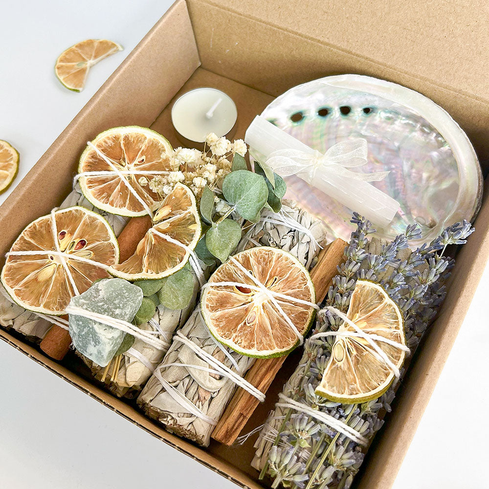  7-teiliges Räucher-Set - Weißer Salbei, Palo Santo & Selenit | Juwelanda