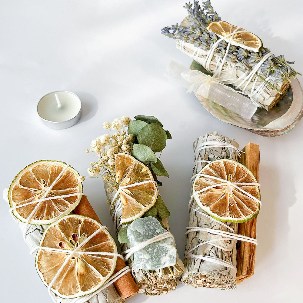  7-teiliges Räucher-Set - Weißer Salbei, Palo Santo & Selenit | Juwelanda