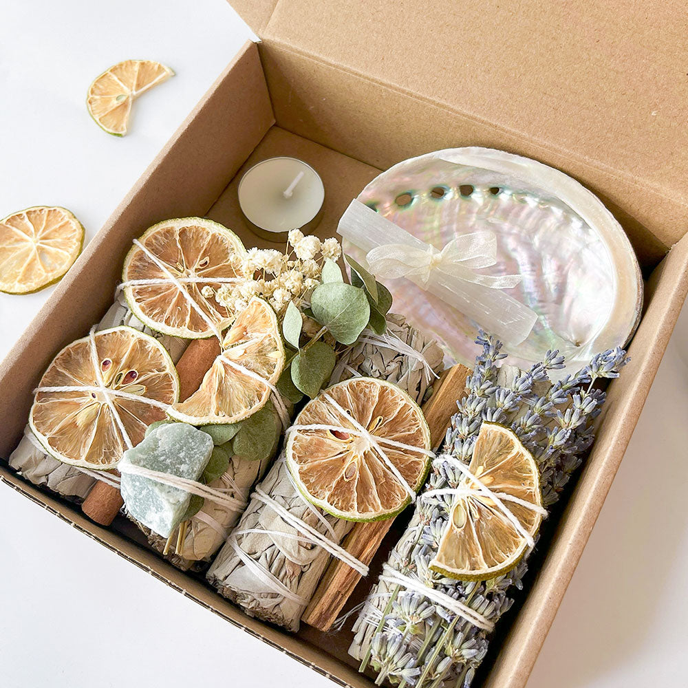  7-teiliges Räucher-Set - Weißer Salbei, Palo Santo & Selenit | Juwelanda