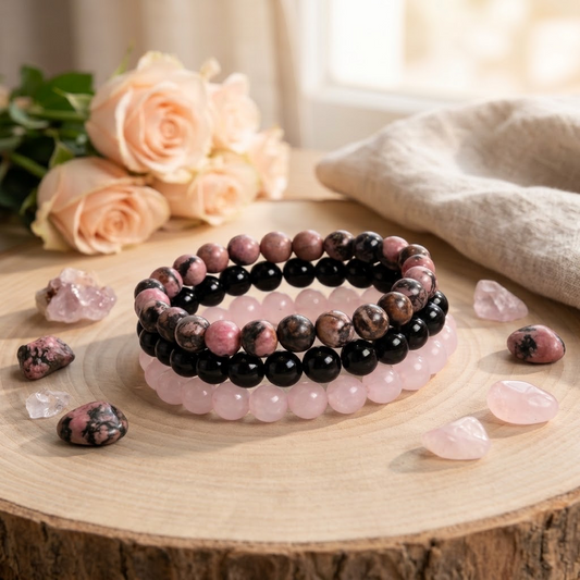 3er-Armband-Set aus Rosenquarz, Rhodonit und schwarzem Onyx