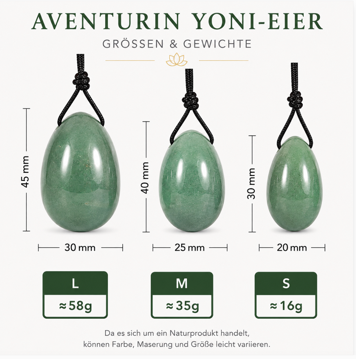Aventurin Yoni-Eier Größen S, M und L mit Maßen und Gewichten