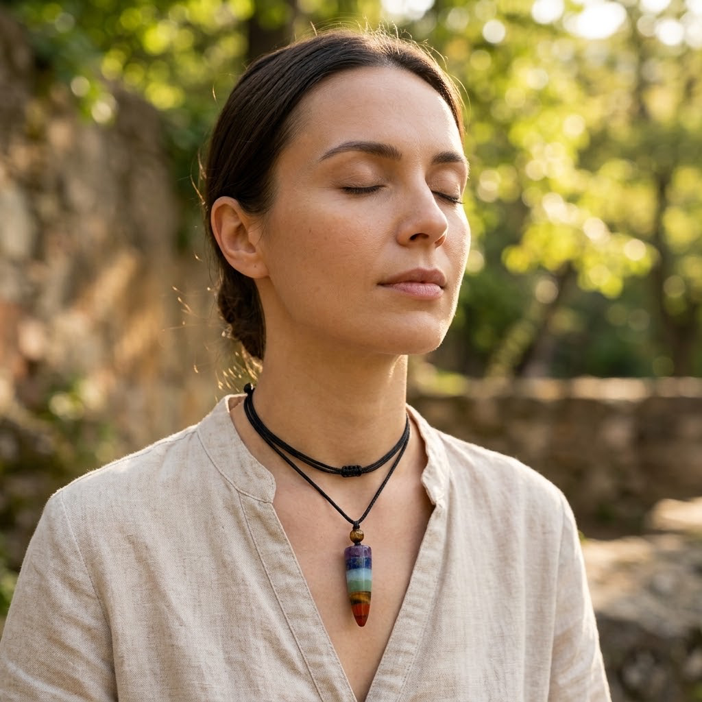 CHAKRA BALANCE – Halskette mit 7 Heilsteinen getragen