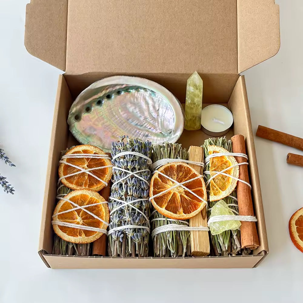 7-teiliges Räucher-Set mit Rosmarin, Palo Santo, Citrin & Abalone-Schale