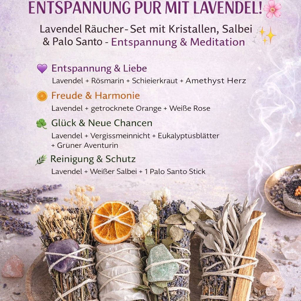 Lavendel Räucher-Set Salbei Palo Santo | Entspannung Meditation | Heilsteine