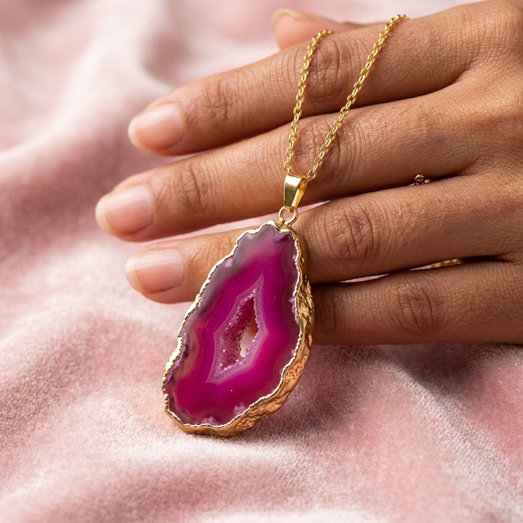 Pinke AURA Achat-Statement-Halskette mit goldfarbener Kette