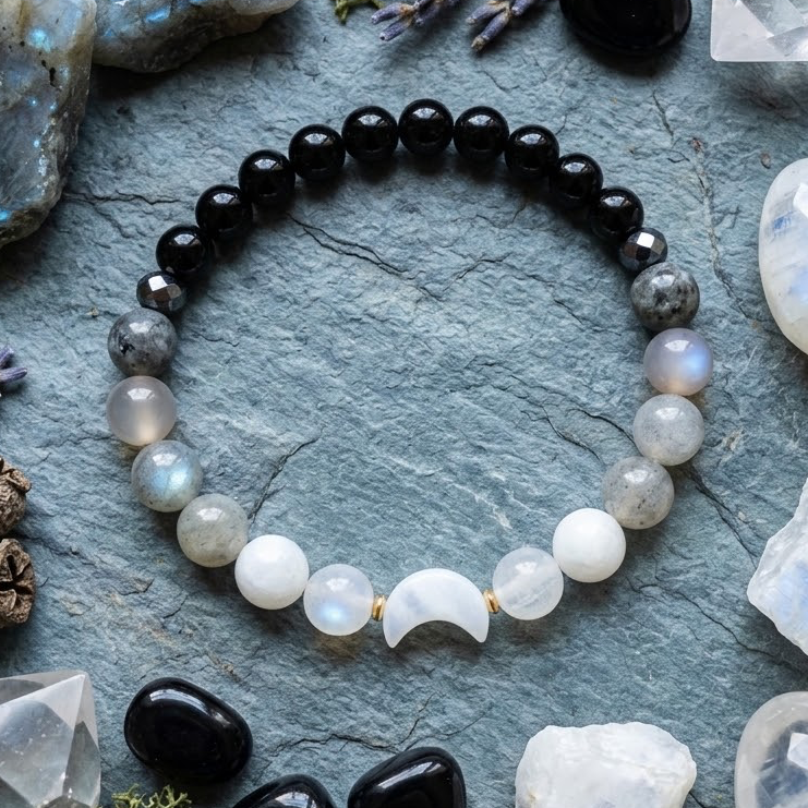 NEW MOON Mondstein-Armband mit Labradorit, Obsidian und Perlmuttmond