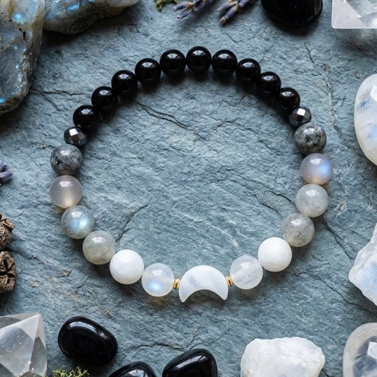 NEW MOON Mondstein-Armband mit Labradorit, Obsidian und Perlmuttmond