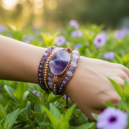 INNERE HARMONIE Amethyst-Wickelarmband getragen