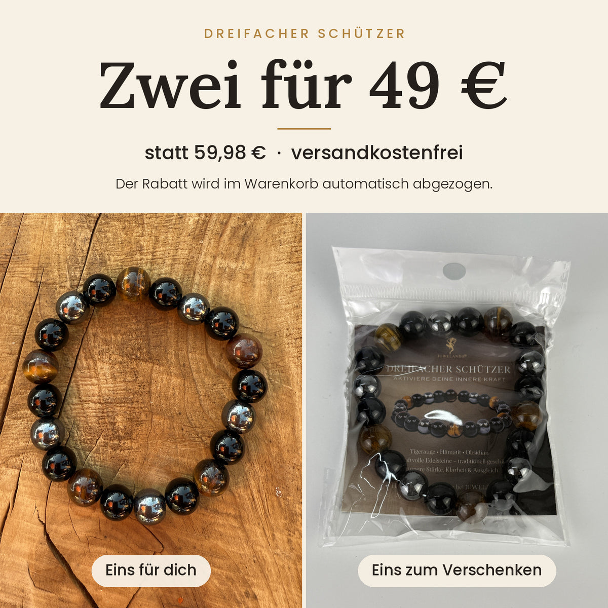 DREIFACHER SCHÜTZER – Tigerauge, Hämatit & Obsidian Armband