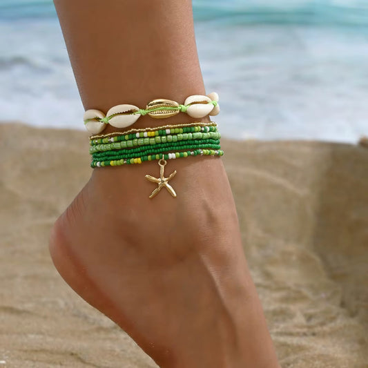 Juwelanda BOHO Fußkettchen Set – 7-teilig | Muschel & Seestern Charms | Grüne Perlen 
