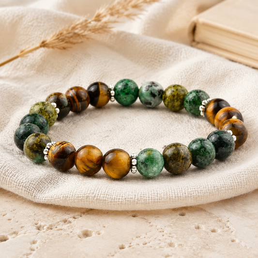 KRAFT & BALANCE Armband aus Tigerauge und afrikanischem Türkis-Jaspis auf hellem Leinen