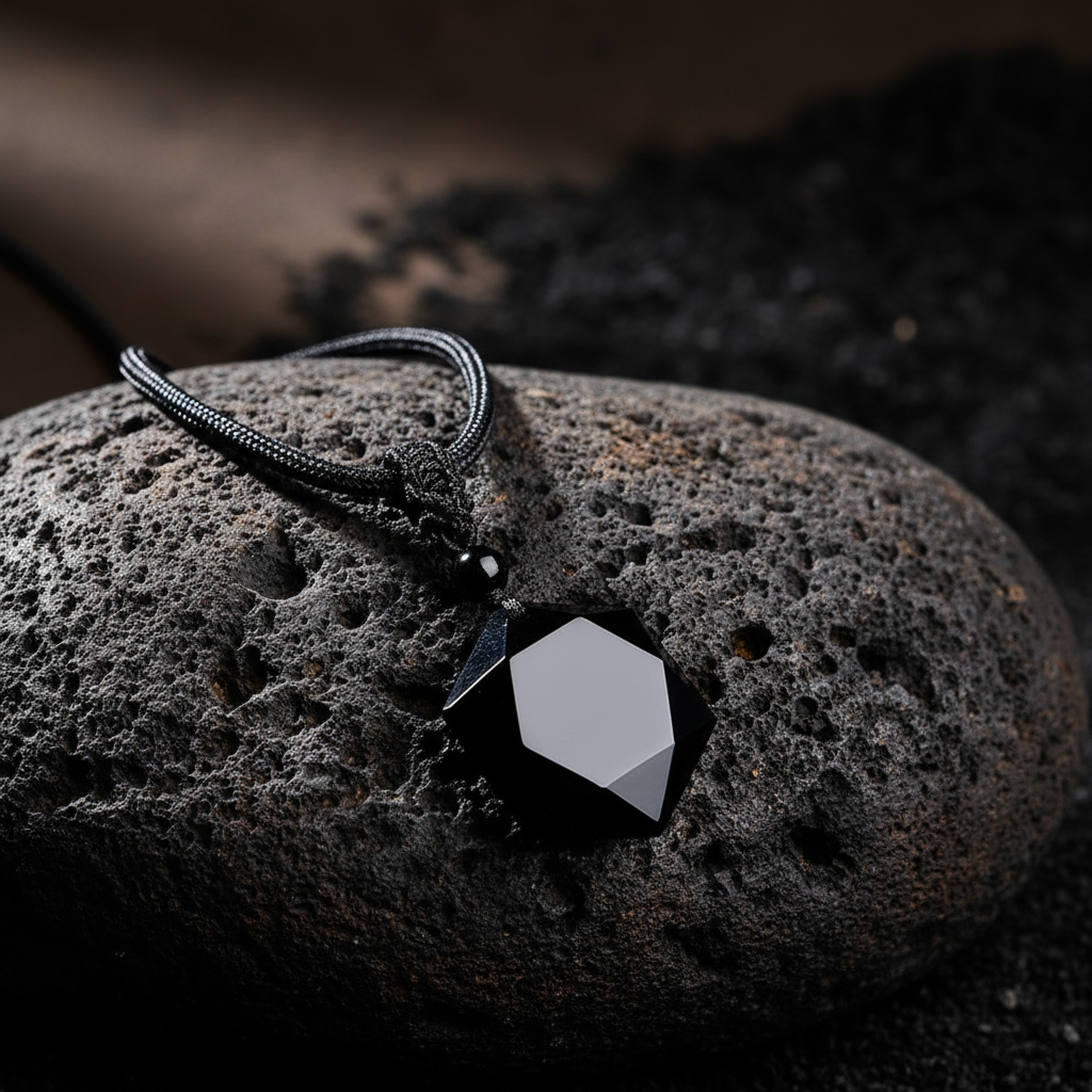Premium-Talisman aus schwarzem Obsidian mit Hexagramm auf dunklem Vulkanstein, atmosphärische Stimmung