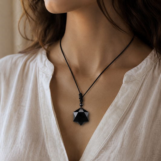 Obsidian-Talisman mit Hexagramm an einer Frau getragen