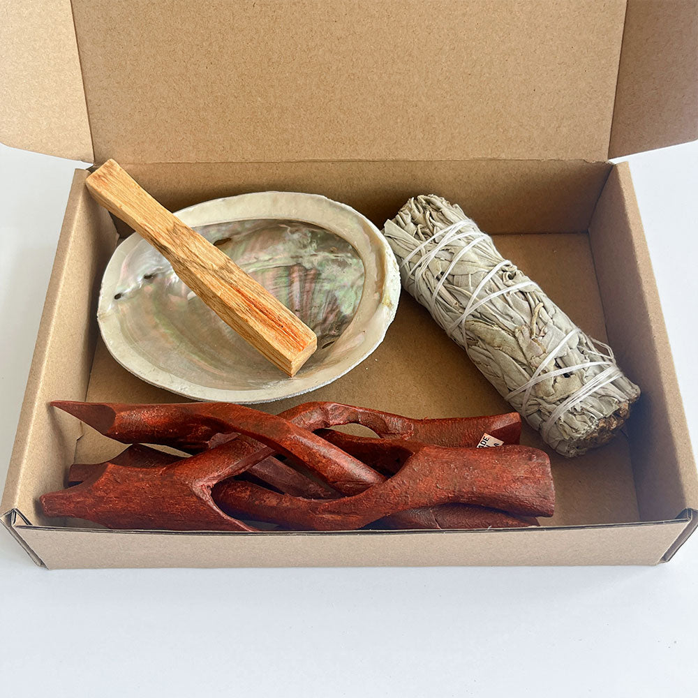 Räucher-Set mit Weißem Salbei, Palo Santo, Abalone-Schale & Holzständer – traditionelles Räucherwerk