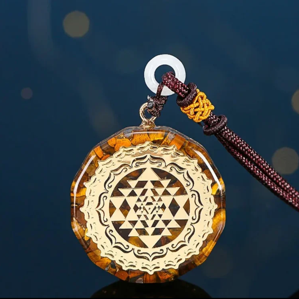 SRI YANTRA Orgonit Anhänger - Heilige Geometrie - Halskette Tigerauge