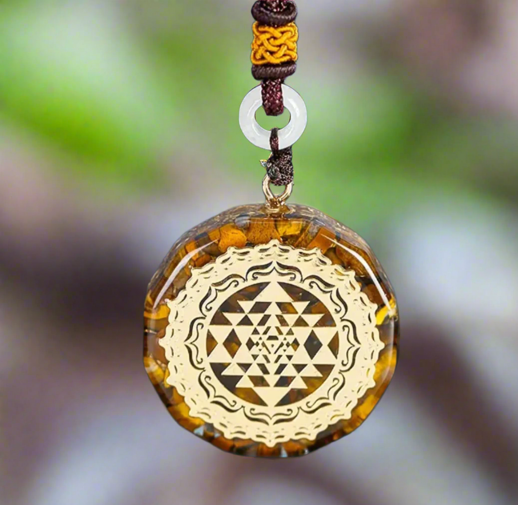 SRI YANTRA Orgonit Anhänger - Heilige Geometrie - Halskette Tigerauge