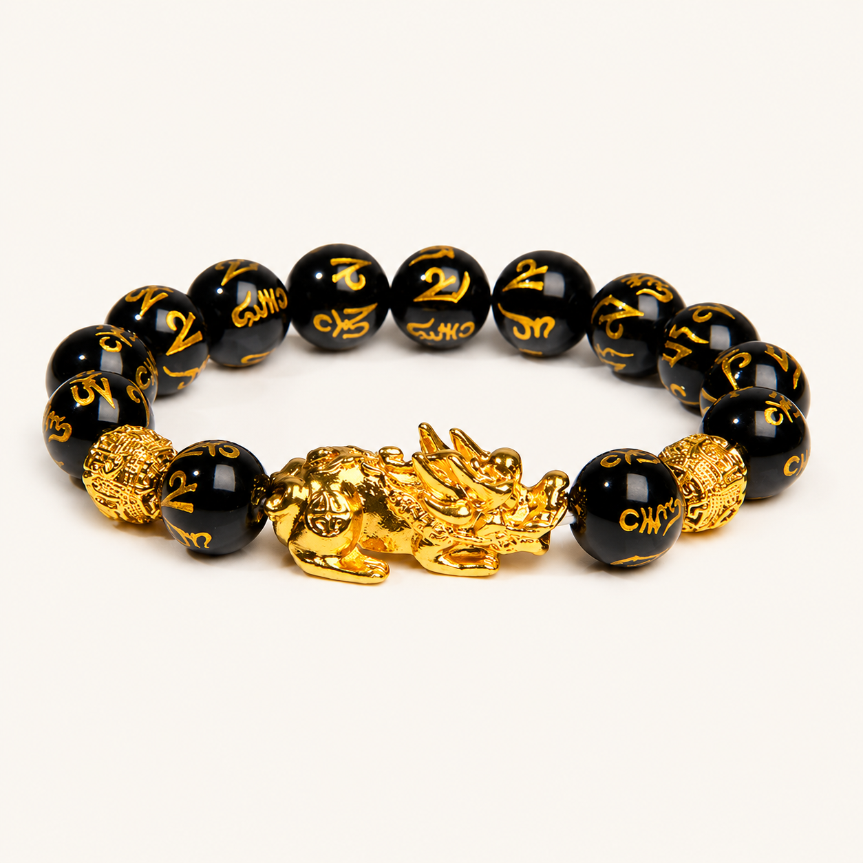 WOHLSTAND Armband aus schwarzem Achat mit goldfarbenem Pixiu