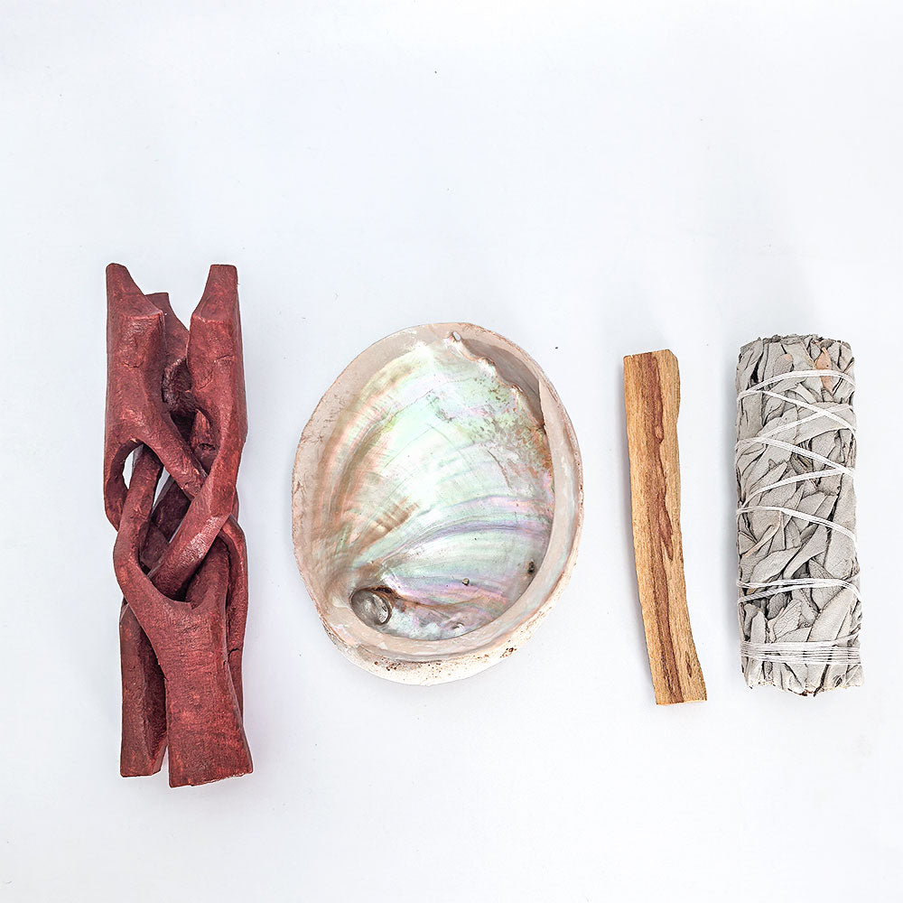 Räucher-Set mit Weißem Salbei, Palo Santo, Abalone-Schale & Holzständer – traditionelles Räucherwerk