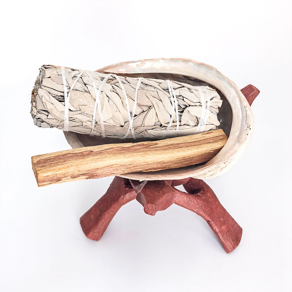 Räucher-Set mit Weißem Salbei, Palo Santo, Abalone-Schale & Holzständer – traditionelles Räucherwerk