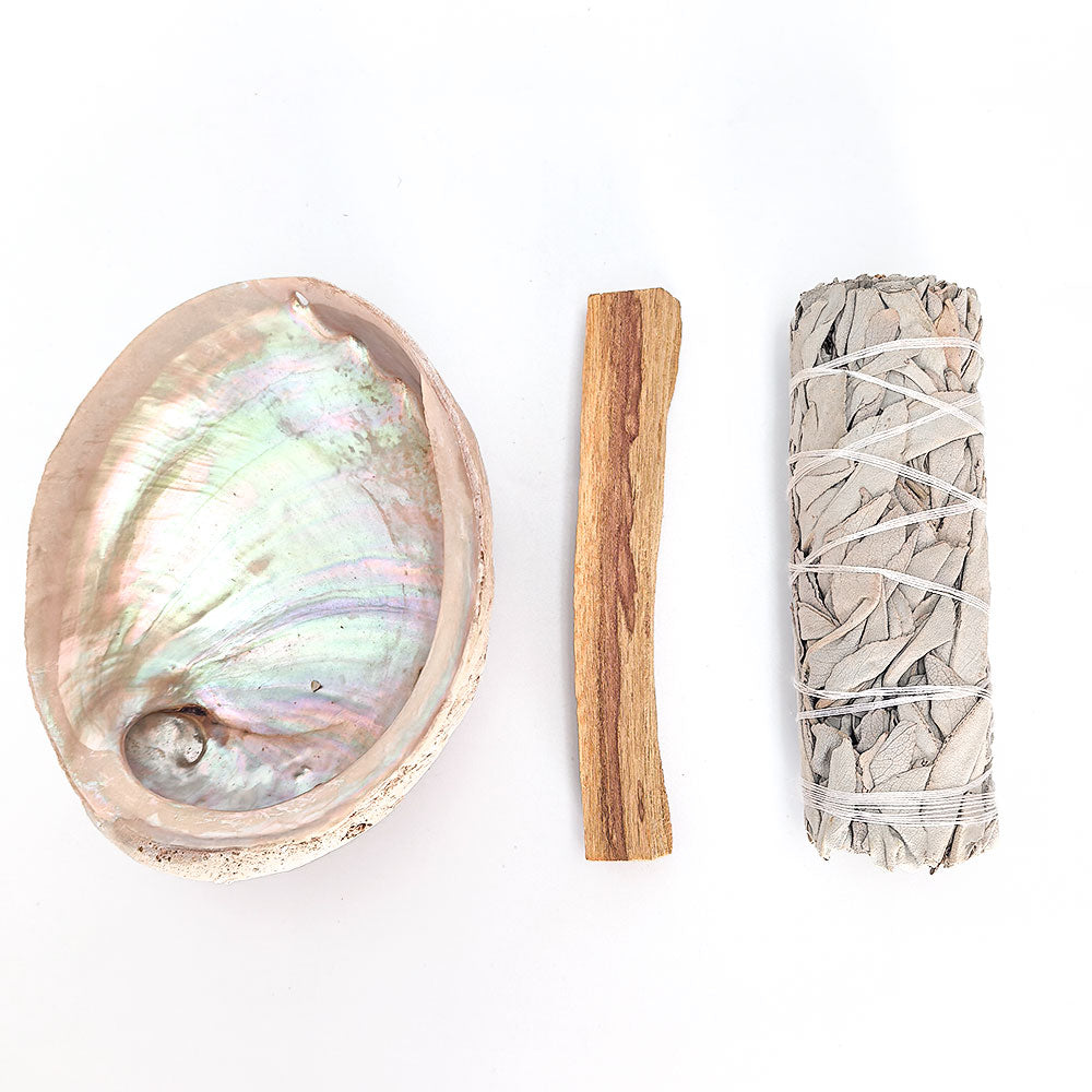 Räucher-Set mit Weißem Salbei, Palo Santo, Abalone-Schale & Holzständer – traditionelles Räucherwerk