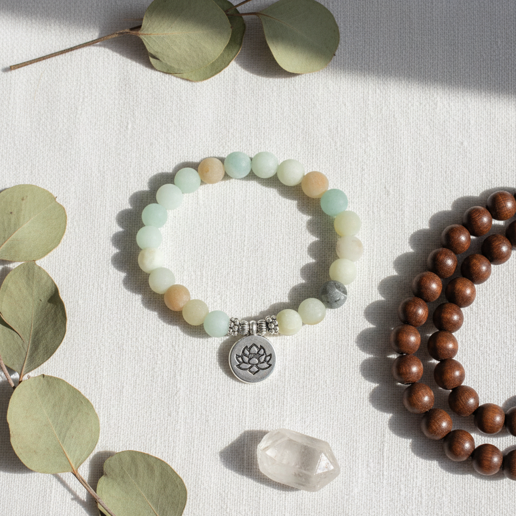 Amazonit Armband mit Lotusblume auf Leinen