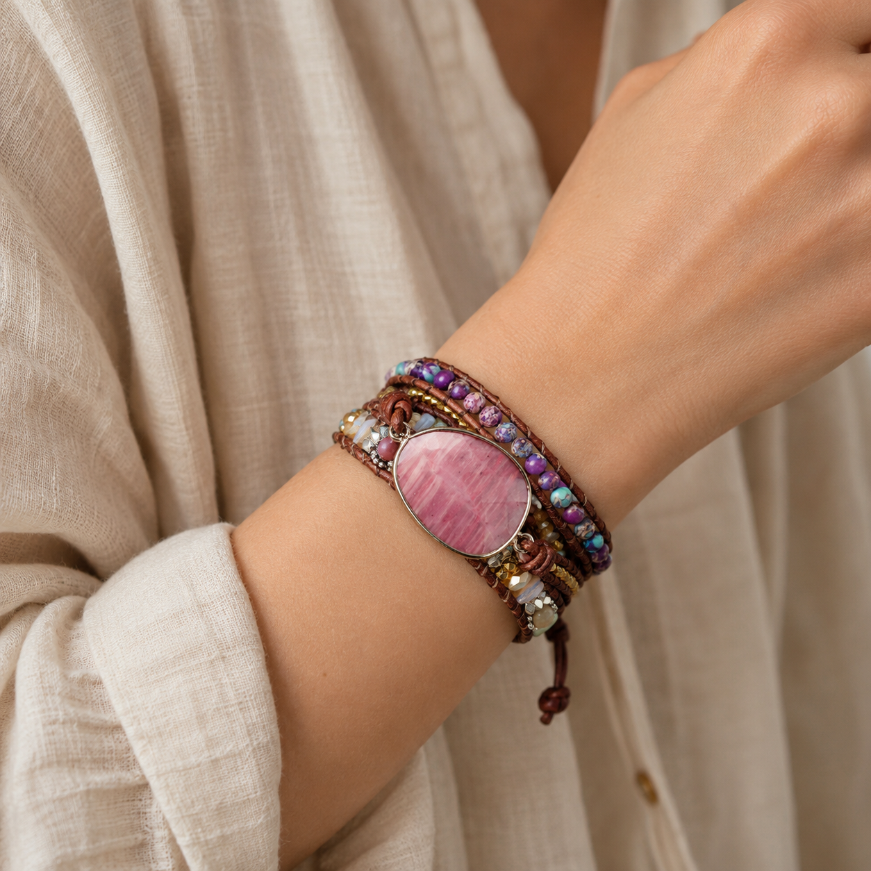 BLUMENGÖTTIN Rhodonit-Jaspis-Wickelarmband getragen