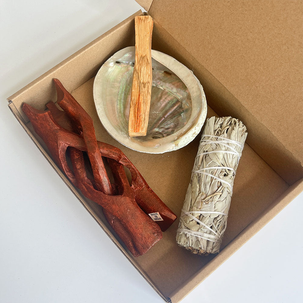 Räucher-Set mit Weißem Salbei, Palo Santo, Abalone-Schale & Holzständer – traditionelles Räucherwerk