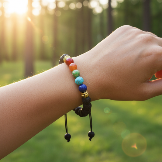 LEBENSBAUM Chakra Armband Lavastein getragen am Handgelenk – Boho Lifestyle – JUWELANDA®