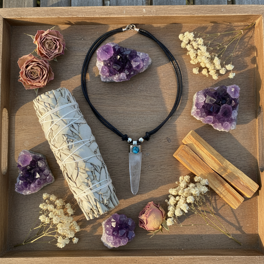 Bergkristall Halskette Flat Lay mit Salbei & Amethyst – Boho Lifestyle | Juwelanda