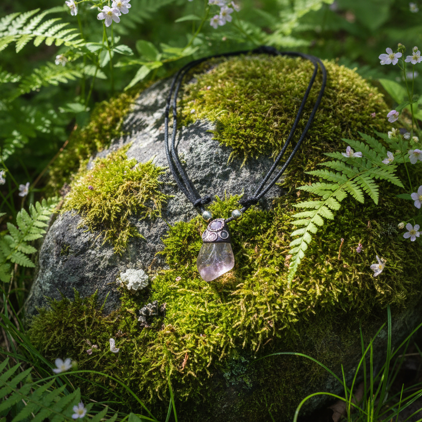 Amethyst Halskette auf Moos & Felsen mit Farnen – Natur Boho | Juwelanda