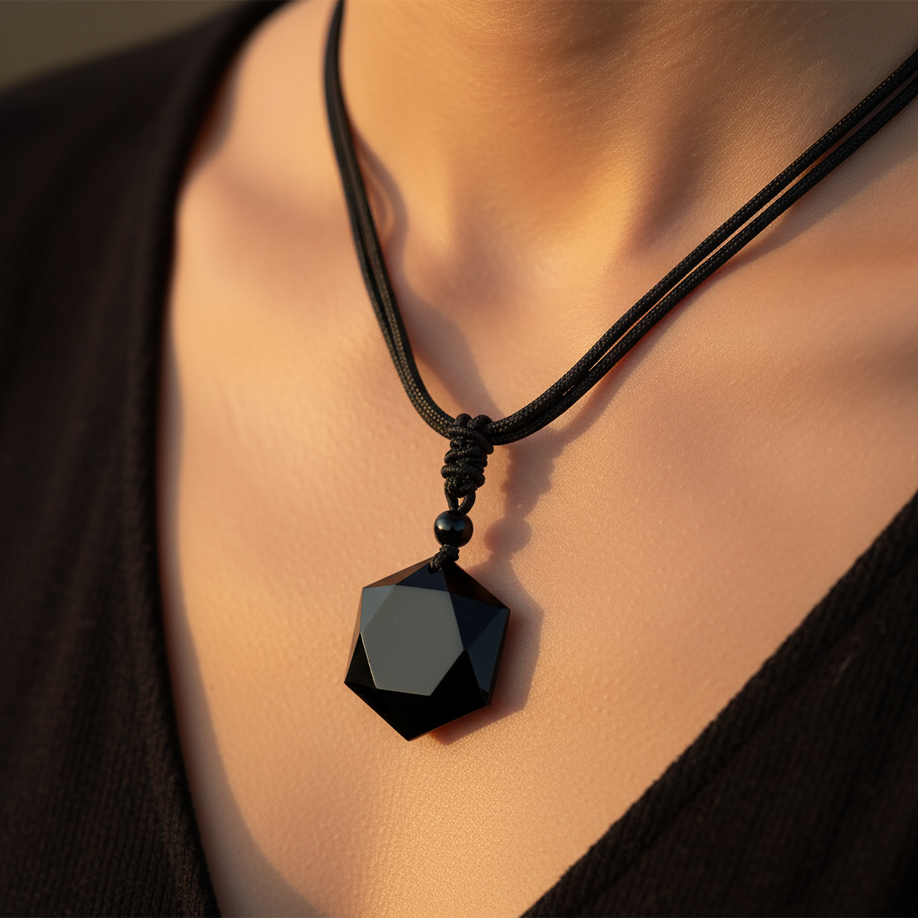 Premium-Talisman aus schwarzem Obsidian am Hals getragen, Lifestyle-Aufnahme