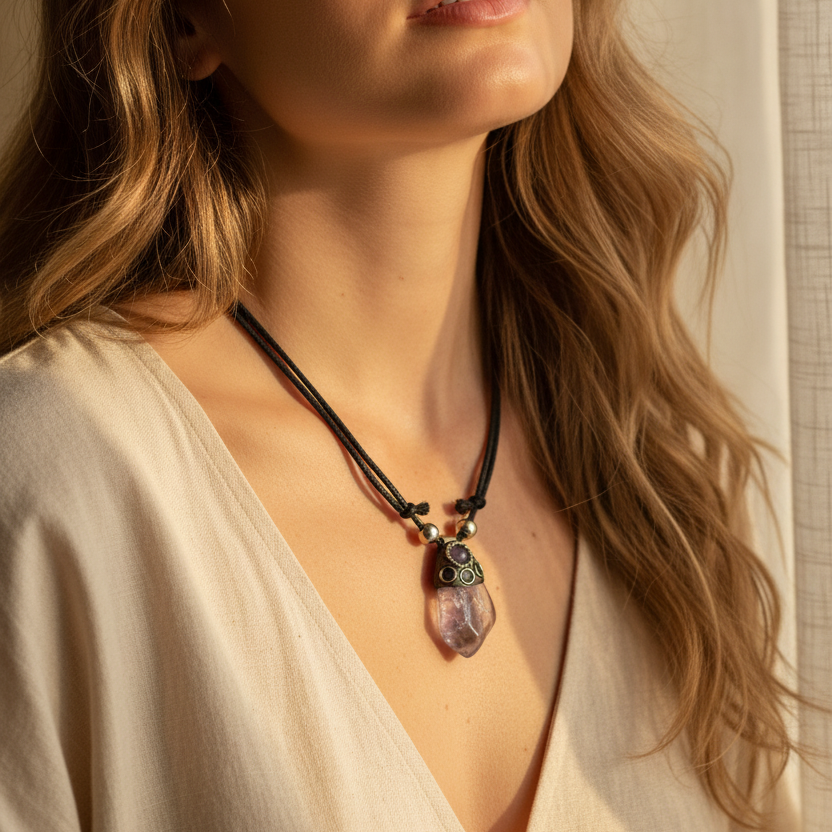 Amethyst Halskette getragen – Boho Lifestyle Spiritueller Schmuck | Juwelanda