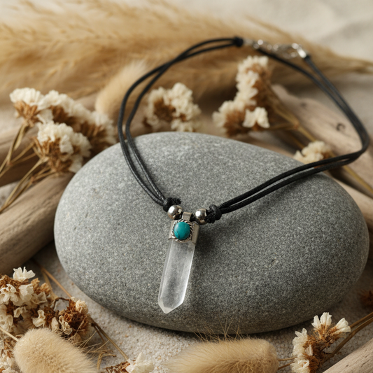 Bergkristall Halskette auf Flussstein mit Botanicals – Spiritueller Schmuck | Juwelanda