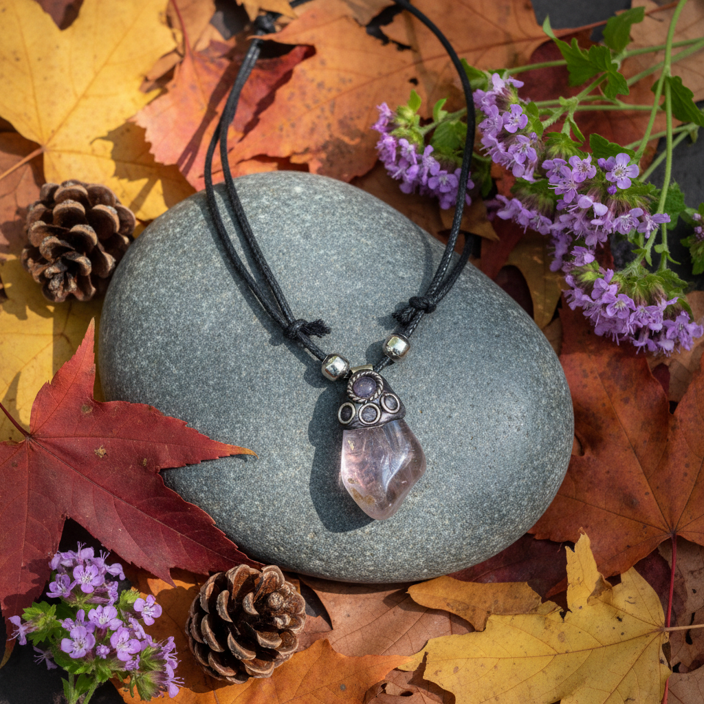 Amethyst Halskette auf Flussstein mit Herbstblättern – Natur Spiritual | Juwelanda
