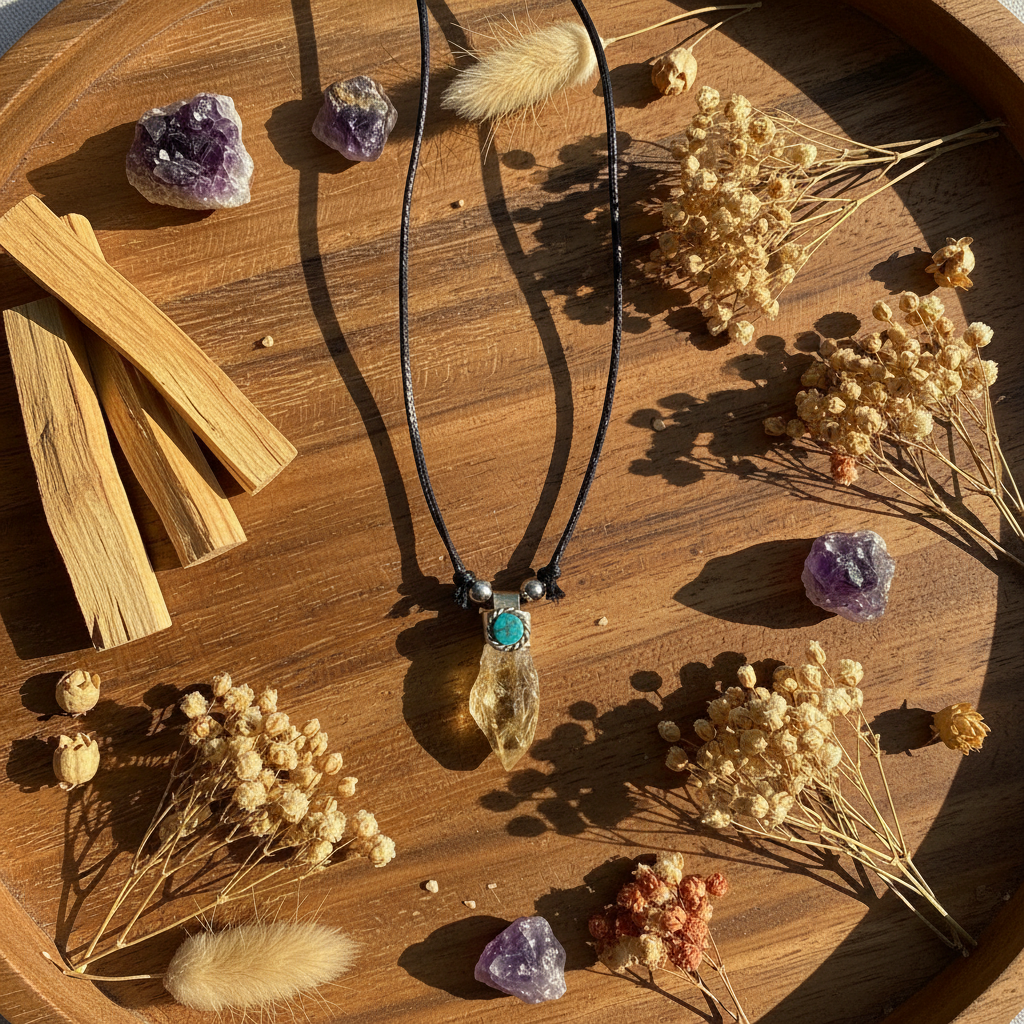 Citrin Halskette Flat Lay mit Botanicals & Palo Santo – Boho Lifestyle | Juwelanda