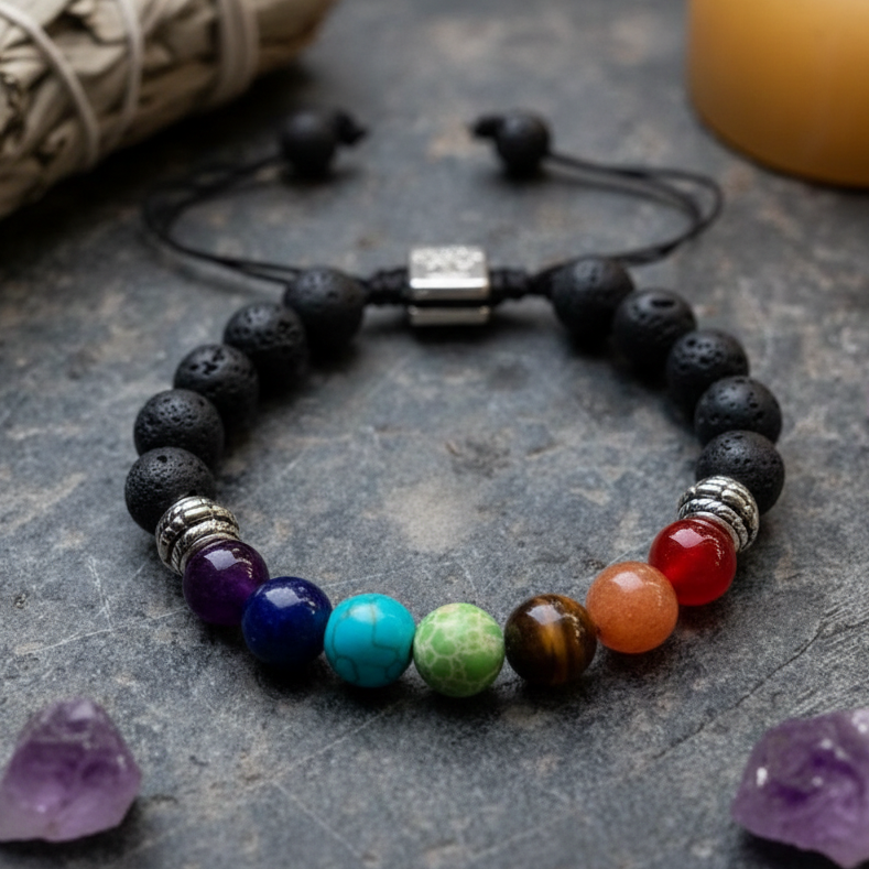 Chakra Lavastein Armband mit Lebensbaum-Anhänger auf Vulkangestein mit Salbei & Kristallen – JUWELANDA®