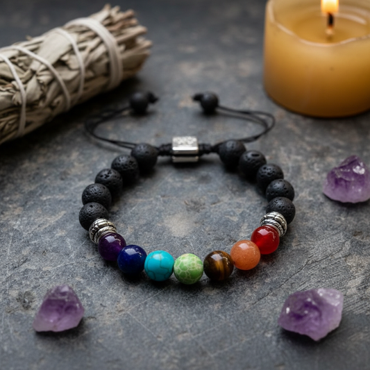 Chakra Lavastein Armband mit Lebensbaum-Anhänger auf Vulkangestein mit Salbei & Kristallen – JUWELANDA®