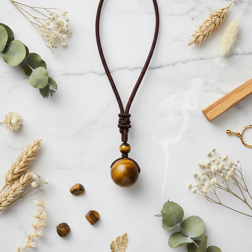 TIGERAUGE Halskette Flatlay auf Marmor mit Palo Santo & Kristallen – JUWELANDA®