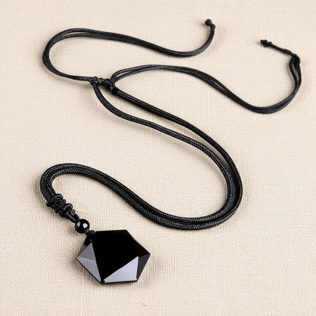 Premium-Talisman aus schwarzem Obsidian mit Hexagramm auf cremefarbenem Leinenhintergrund