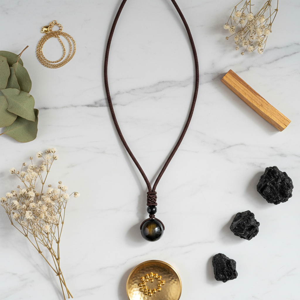 Regenbogen Obsidian Halskette Flatlay auf Marmor mit Palo Santo & Kristallen – JUWELANDA®