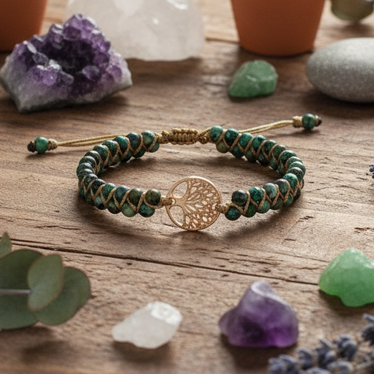 Zweireihiges Natursteinarmband mit Lebensbaum-Anhänger