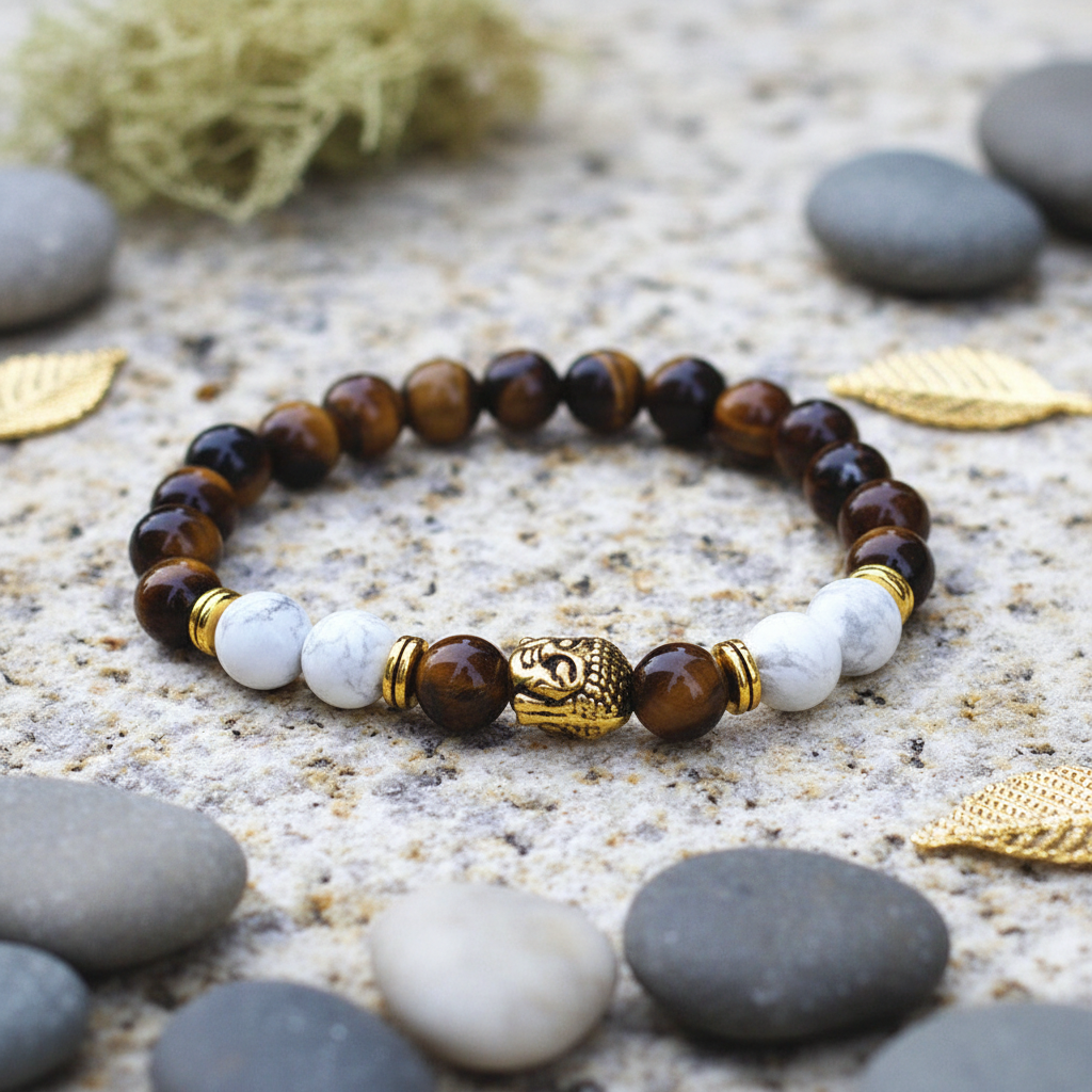 Tigerauge Buddha Armband auf Stein