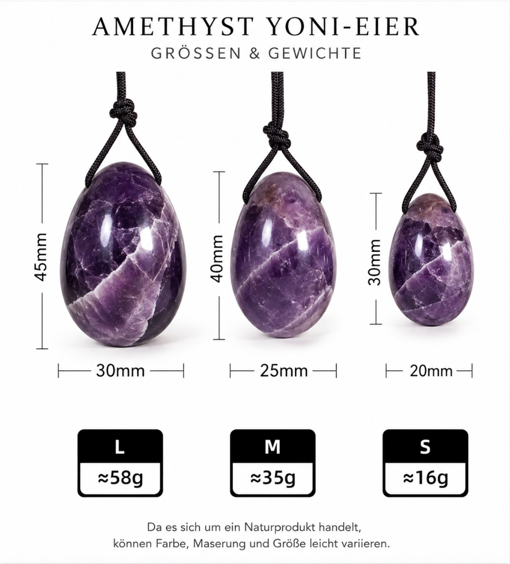 Amethyst Yoni-Eier Größen S, M und L mit Maßen und Gewichten