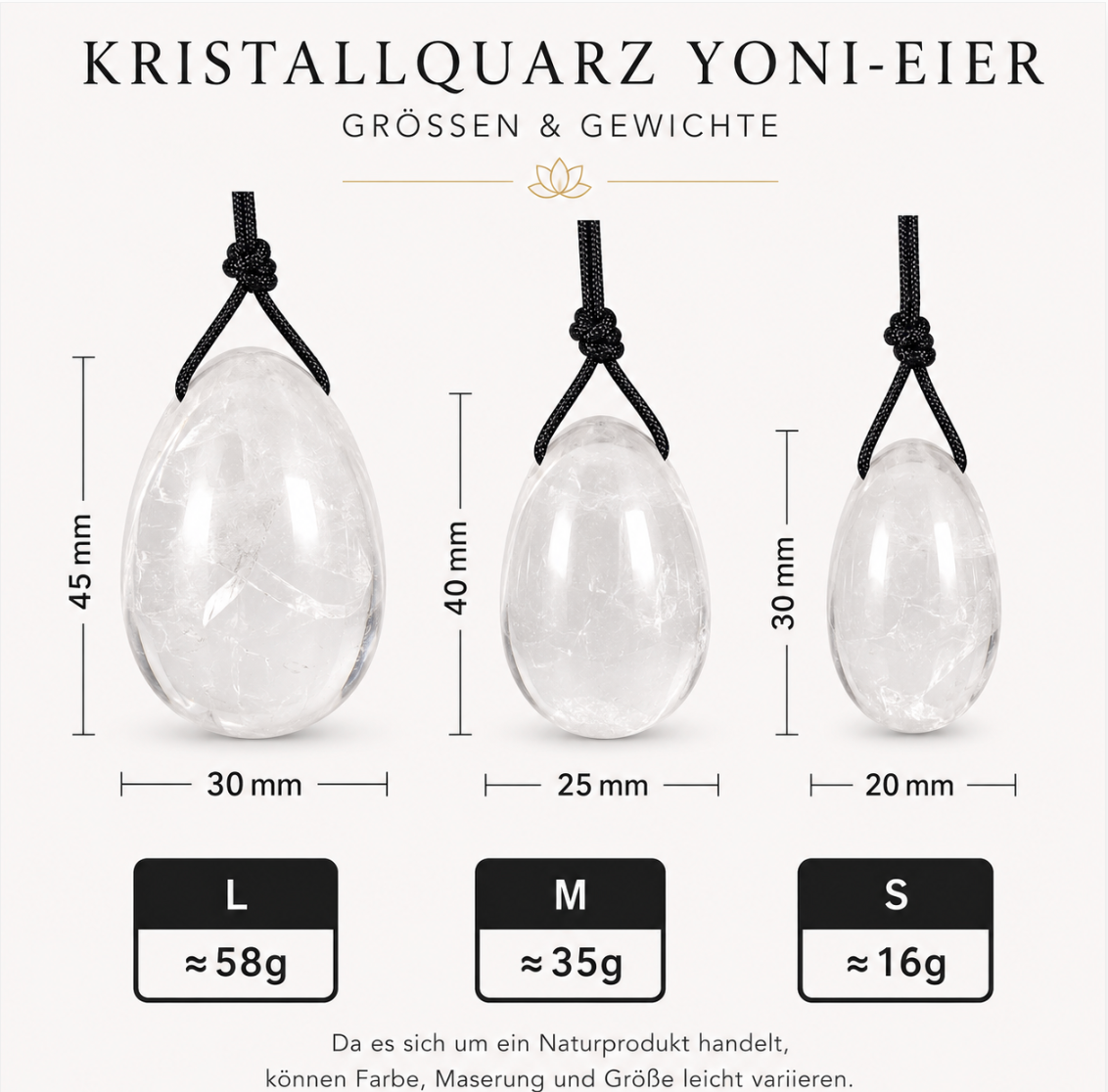 Kristallquarz Yoni-Eier Größen S, M und L mit Maßangaben