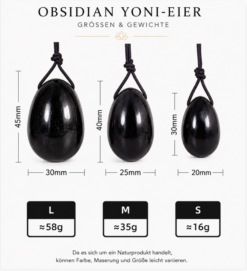 Drei schwarze Obsidian Yoni-Eier mit Rückholbändchen in verschiedenen Größen